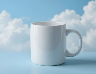 Obraz premium White Coffee Mug with Sky Background The background resembles a light blue sky with fluffy white clouds
