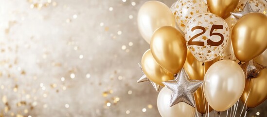 Golden balloons and silver star decorations for 25th anniversary celebration with festive gold theme and empty space for text.