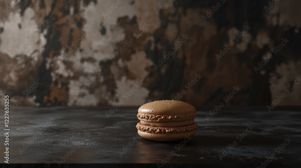 Poster Chocolate macaron on a dark kitchen table with a textured decorative background creating an elegant and minimalist dessert setting
