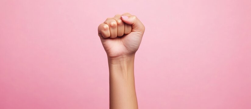 Feminine clenched fist representing empowerment and strength against a soft pink background with space for text or branding elements