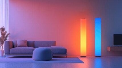 Modern living room interior showcasing a clean aesthetic with gradient blue and orange cylindrical lamps illuminating a cozy space.