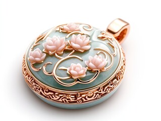 Naklejka premium Elegant Pendant with Pink Lotus Flowers on a Green Stone Background and Intricate Gold Accents