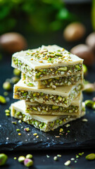 Dubai chocolate with pistachio nuts filling. Gourmet trendy dessert.
