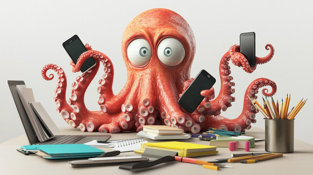 Anthropomorphic octopus multitasking at a cluttered desk, holding multiple smartphones and tablets. Red-orange cartoon cephalopod working with office supplies, books, and a laptop in a humorous, playf