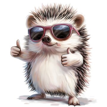 Cute hedgehog wearing sunglasses and giving thumbs up in a cheerful pose