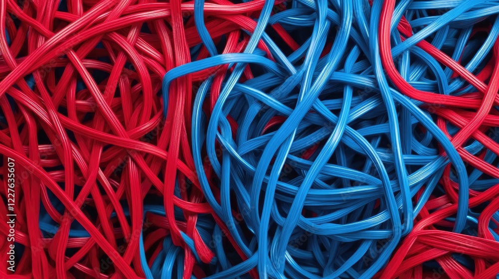 Poster retro technologic background featuring intertwined red and blue ethernet cables symbolizing the inte