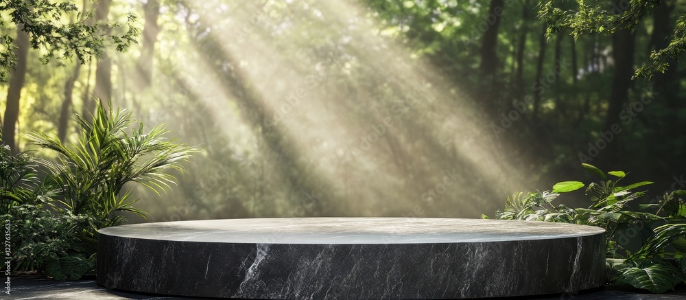Poster black stone podium display with sunlight illuminating a forest backdrop offering empty copyspace for