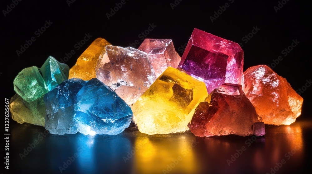 Poster vibrant macro shot of illuminated multicolored mineral crystals creating a stunning glowing backgrou