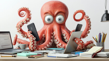Anthropomorphic octopus multitasking at a cluttered desk, holding multiple smartphones and tablets. Red-orange cartoon cephalopod working with office supplies, books, and a laptop in a humorous, playf