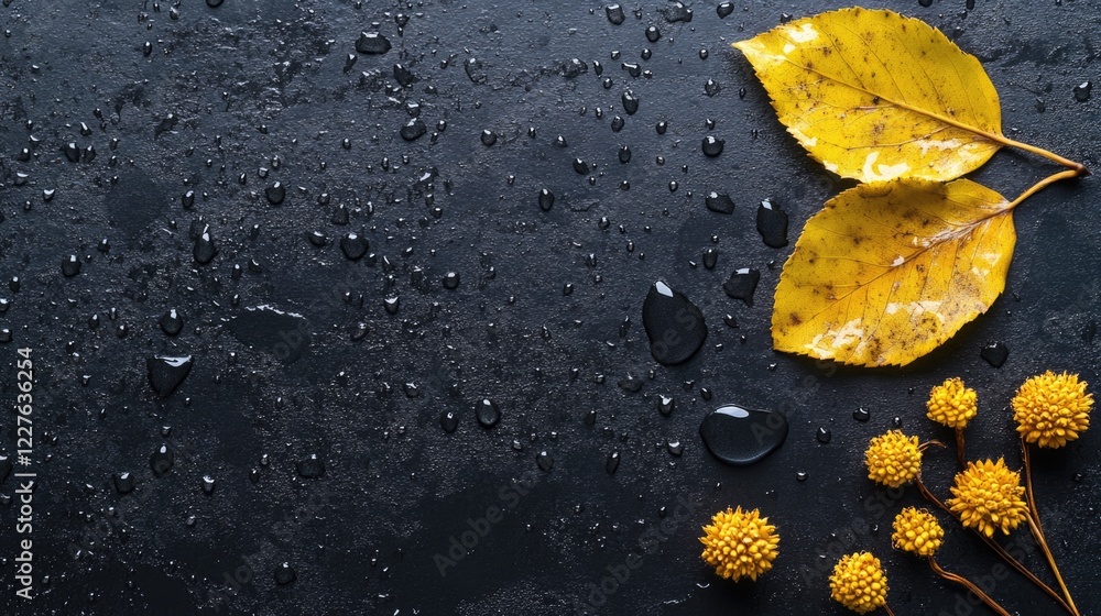Poster yellow autumn leaves and dried flowers on dark surface with water droplets creating a moody ambiance