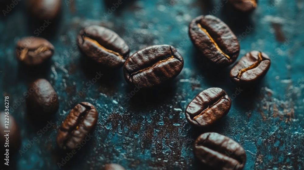 Poster macro shot of roasted coffee beans on rustic surface showcasing texture and color for culinary and b