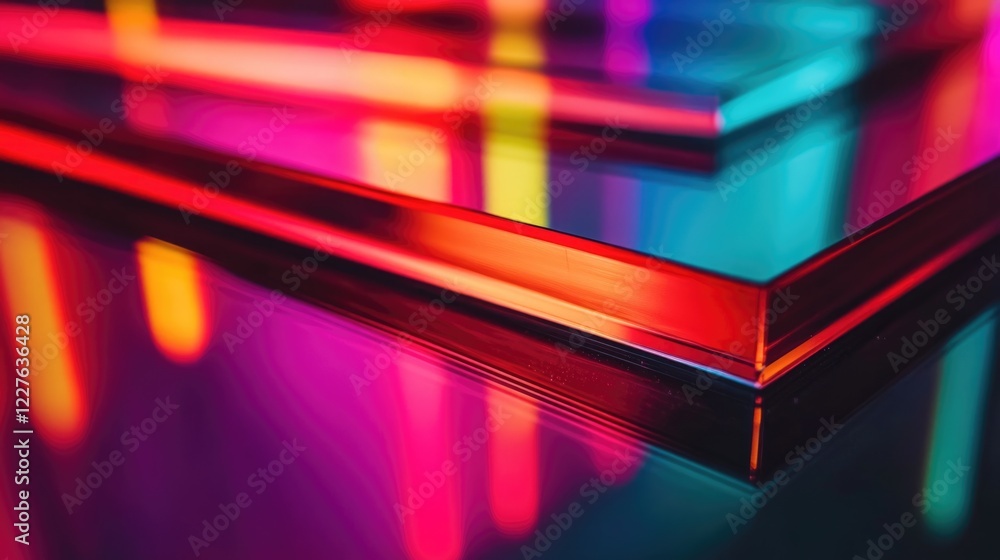 Poster close up of shiny black glass reflecting vibrant neon colors with blurred bokeh abstract background 