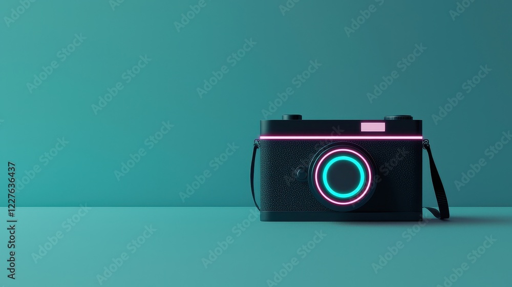 Aufkleber conceptual animated camera with glowing lenses and unique design on minimalist background