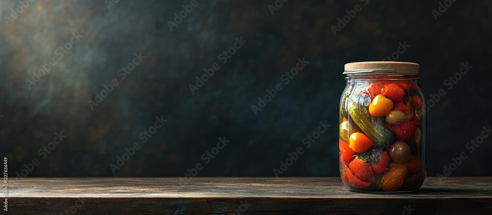 Aufkleber jar of preserved vegetables and tomatoes on a rustic wooden surface with dark background and empty s