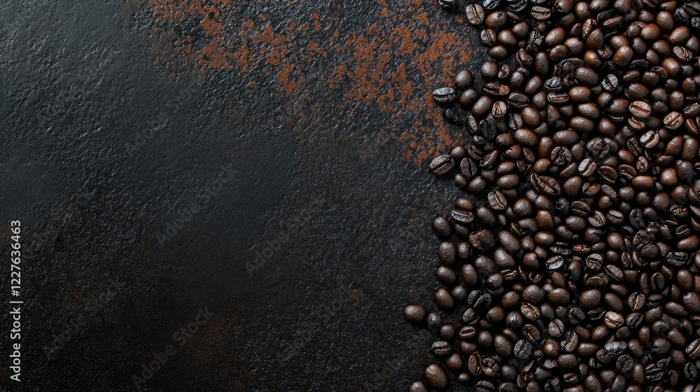 Poster macro view of roasted coffee beans on dark surface with negative space for text or branding