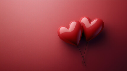 Minimalist Valentine's Day Red Background Featuring Glossy Heart Balloons with Ample Copy Space for Custom Text