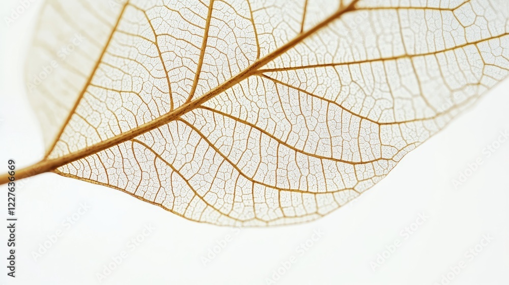 Poster delicate macro shot of a transparent dry leaf showcasing intricate vein patterns against a clean whi