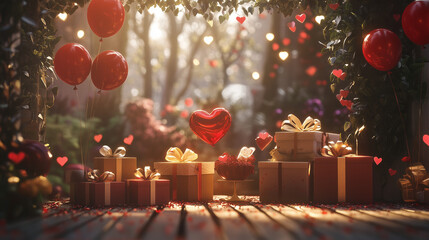 Romantic Valentine's Day Gift Scene with Red Heart Balloons, Wrapped Presents, and Warm Candlelight in a Cozy Outdoor Setting