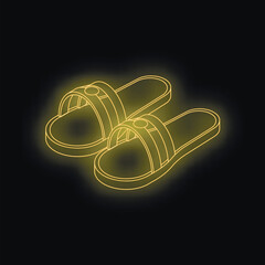 Neon yellow slippers glowing on black background, representing summer footwear, relaxation, and vacation