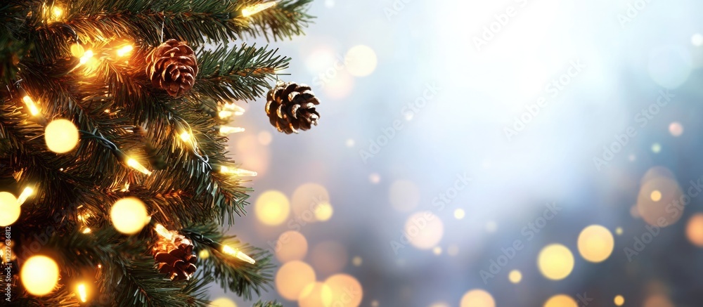 Poster festive bokeh lights and pine branches creating a vibrant holiday backdrop with ample copyspace for 