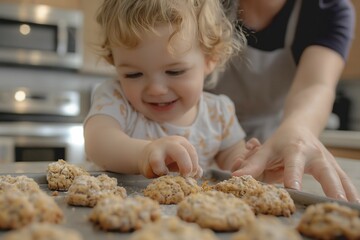 In a bright kitchen, a young child eagerly helps their parent bake vegan cookies using plant-based ingredients, creating joyful family moments and delicious treats together