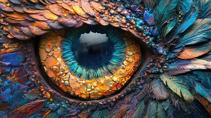 Obraz premium Vivid close-up of an owl's eye highlighting intricate feather textures and vibrant colors in a striking and artistic representation.