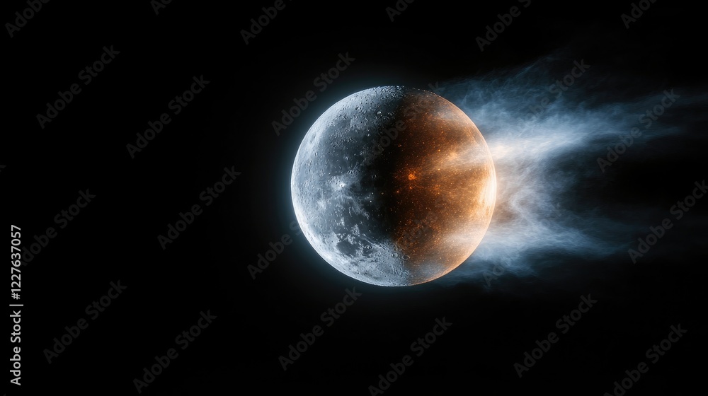 Poster lunar eclipse close up with the moon blocking sunlight and dramatic light effects showcasing an occu