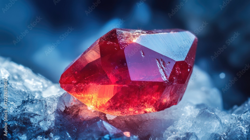 Poster macro shot of a striking red gemstone showcasing its vivid colors and unique crystal structure on a 