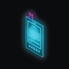 Neon e reader isometric icon glowing on dark background, featuring a pink bookmark