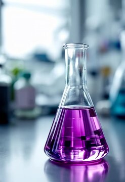 Vibrant purple liquid in Erlenmeyer flask against blurred laboratory background. Scientific research and chemical experiment visualization. Medical or pharmaceutical study