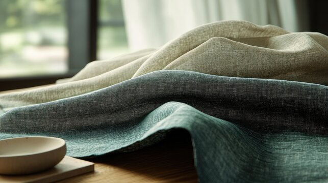 Natural ramie fabric folds showcasing a blend of comfort and strength with linen twill texture emphasizing durability and aesthetic appeal.