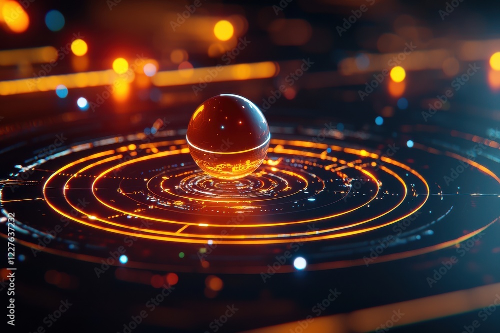 Poster a glowing orb sits at the center of concentric circles, surrounded by vibrant, glowing lines, creati