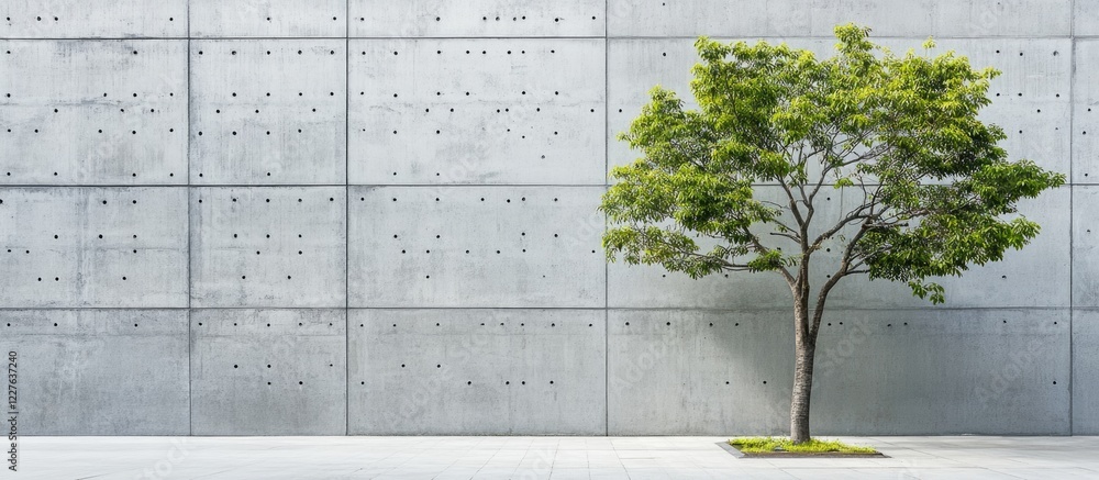 Poster empty advertising space on modern building wall with tree in front creating a minimalist urban scene