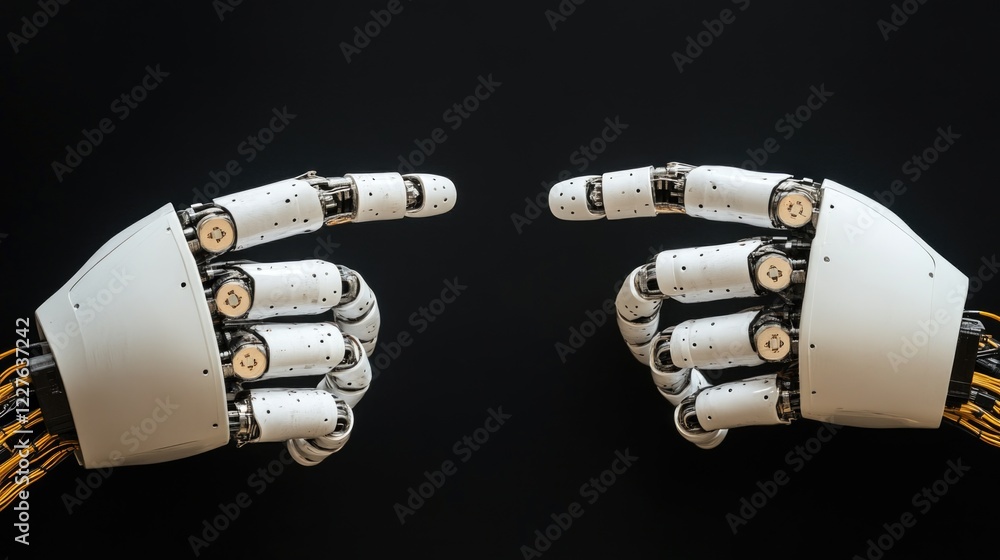 Poster robotic hands engaging in interaction showcasing advanced ai technology and machine dialogue concept