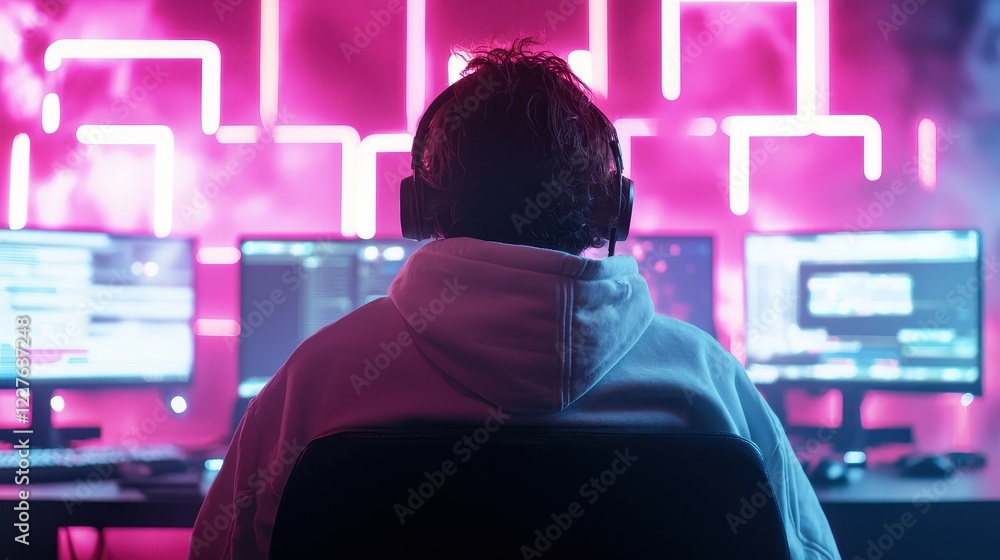 Poster cyberpunk hacker in dimly lit room surrounded by monitors and neon lights creating a futuristic atmo