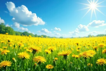 Fototapeta premium Golden dandelions carpet a field, azure sky above, spring, landscape