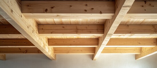 Wooden joists and beams in a contemporary office ceiling design with ample blank space for promotional text or graphic elements