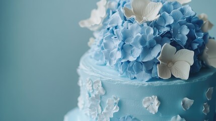Elegant two tier wedding cake with delicate hydrangea flowers against a soft blue background Perfect for wedding and celebration themes