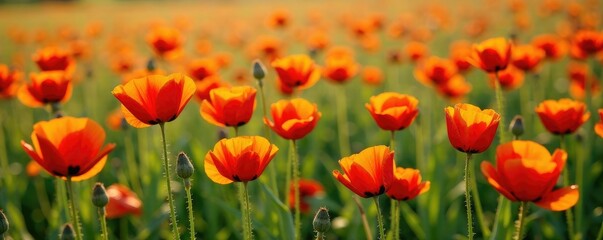 Naklejka premium Field of poppies with a few dead stalks amidst the healthy growth, life cycle, nature