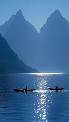 Fototapeta premium Two kayakers glide across a calm lake, silhouetted against majestic mountains under a clear sky.