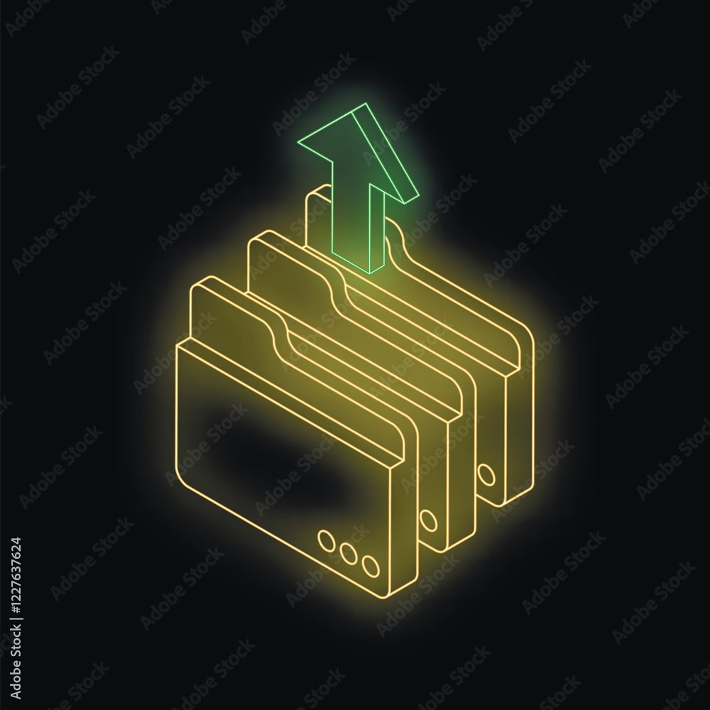 Poster neon folders uploading data to the cloud, with a green up arrow symbolizing upload progress