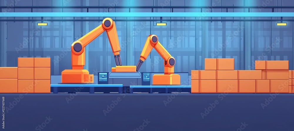 Poster a digital depiction of robotic arms in a warehouse setting, efficiently handling orange boxes on a c