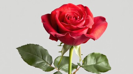 Macro shot of a vibrant red rose flower with lush green leaves against a soft light grey background ideal for floral designs and decor.