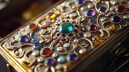 Intricate Vintage Jewelry Box Adorned with Laser Cut Gemstones in Close Up View