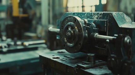 Naklejka premium Precision Lathe Machine Close-Up in Industrial Workshop Showcasing Metalworking Techniques and Equipment Details