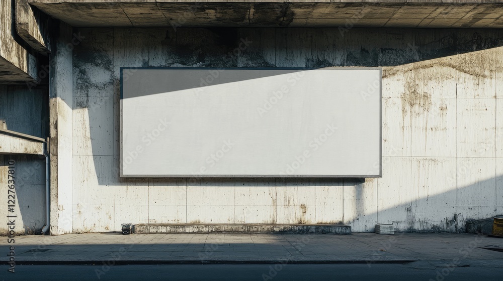 Poster minimalistic concrete studio featuring a large blank gray billboard casting shadows on the textured 