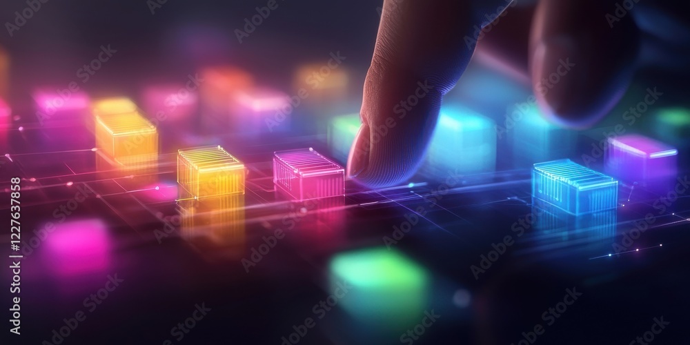 Poster a futuristic hand interacts with colorful, illuminated buttons on a digital interface, emphasizing t