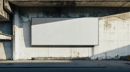 Obraz premium Minimalistic concrete studio featuring a large blank gray billboard casting shadows on the textured wall under natural light.