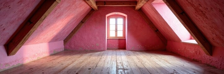 Dusty attic with pink grainy walls and wooden beams, grainy, wood