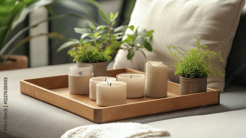 Aufkleber tranquil wooden tray with spa candles and potted plants on plush sofa creating a serene relaxing atm
